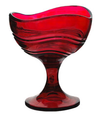 Empty glass cup in red color. Clear ruby glass bowl with white space background, object isolated.