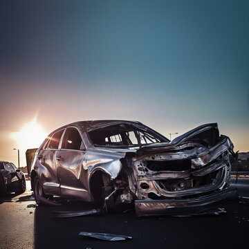 A Broken Modern Silver Sedan Car After A Head-to-head Collision Accident On A Highway Road, Copy Space In The Sky, Generative AI