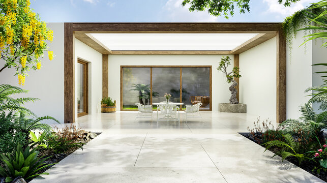 3D illustration of private luxury wooden pergola with translucent materials