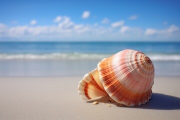 Seashell on the Beach Overlooking the Ocean and Blue Sky, Generative AI