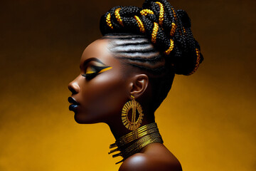 Side view portrait of stunning elegant african woman with braided ponytail.Generative ai.