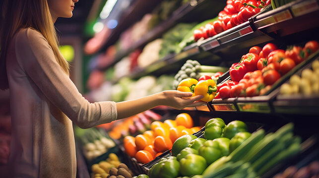 Closeup woman shopping vegetables and fruits in a grocery supermarket store. Generative Ai