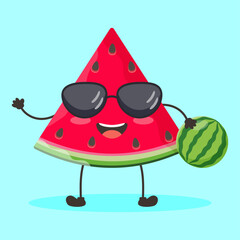 Cute red summer watermelon character in glasses and with a ball. Flat design vector illustration of red watermelon