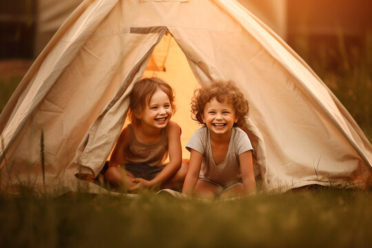 Two funny children smiling in front of a tent