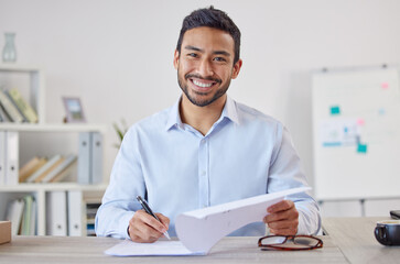 Business man, paperwork and portrait in a office at startup and insurance management job. Company, professional and male employee with smile from contract, deal and corporate consultant work at desk
