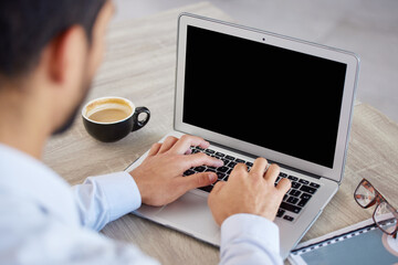 Man in office, typing and laptop keyboard, internet and research for online financial report at...