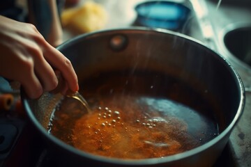 Woman washing dirty frying pan in sink indoors closeup. Generative AI.