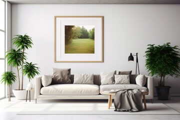 Interior poster mock up with vertical empty wooden frame standing on floor, gray armchair and gree tree in modern white room. Generative AI