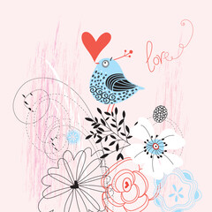 Natural background with a graphic love bird in pink
