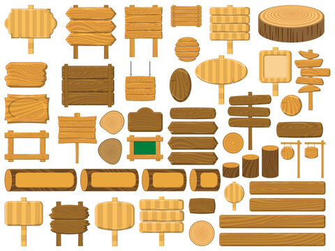 Panneaux de signalisation en bois mis en illustration vectorielle. Panneau d'affichage de dessin anim&eacute; &agrave; partir de planches de bois accroch&eacute;es au mur, pointeurs vierges sur la route, 