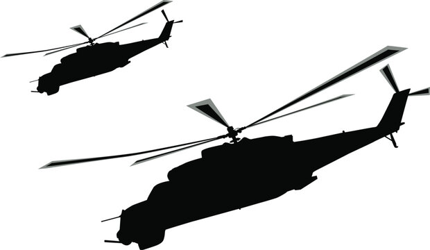 Flying helicopters silhouette. Vector