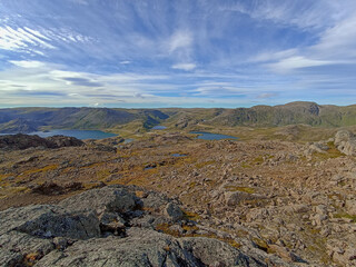 The scenery of wild nature around Storvatnet and Skipfjordvatna lakes on Mageroya Island, Norway