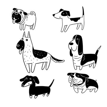Cute and funny dogs doodle vector set. Cartoon dogs characters hand draw black and white in different poses.