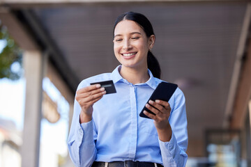 Woman, smile with credit card and smartphone outdoor, online shopping with payment and fintech. Happy, store account and ecommerce with female person, mobile bank app and internet banking transaction