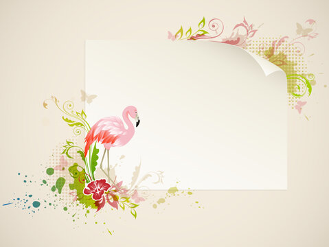 Vector banner with pink flamingo and flowers