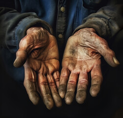 hands poor old man or beggar begging you for help sitting at dirty slum.concept for poverty or hunger people,human Rights,donate and charity for underprivileged elderly people in third world. - obrazy, fototapety, plakaty