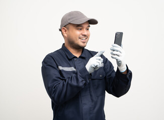 Naklejka premium Technician workers in uniform maintenance service with smartphone. Profession of service industry house repair. Home services with cellphone isolated background.