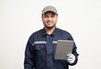 Technician workers in uniform maintenance service with tablet. Profession of service industry house repair. Home services isolated background.