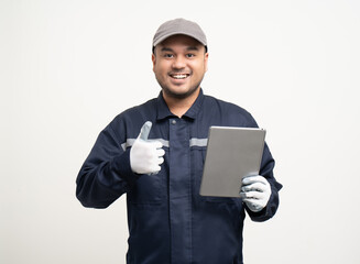 Technician workers in uniform maintenance service with tablet. Profession of service industry house repair. Home services isolated background.