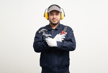 Technician workers in uniform maintenance service with equipment tools. Profession of service industry house repair. Home services isolated background.