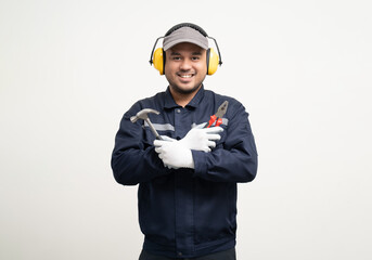 Technician workers in uniform maintenance service with equipment tools. Profession of service industry house repair. Home services isolated background.