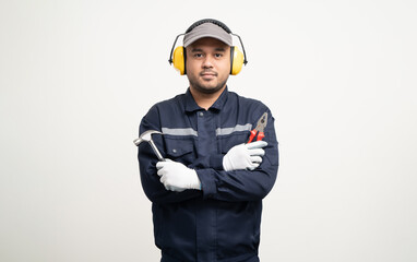 Technician workers in uniform maintenance service with equipment tools. Profession of service industry house repair. Home services isolated background.