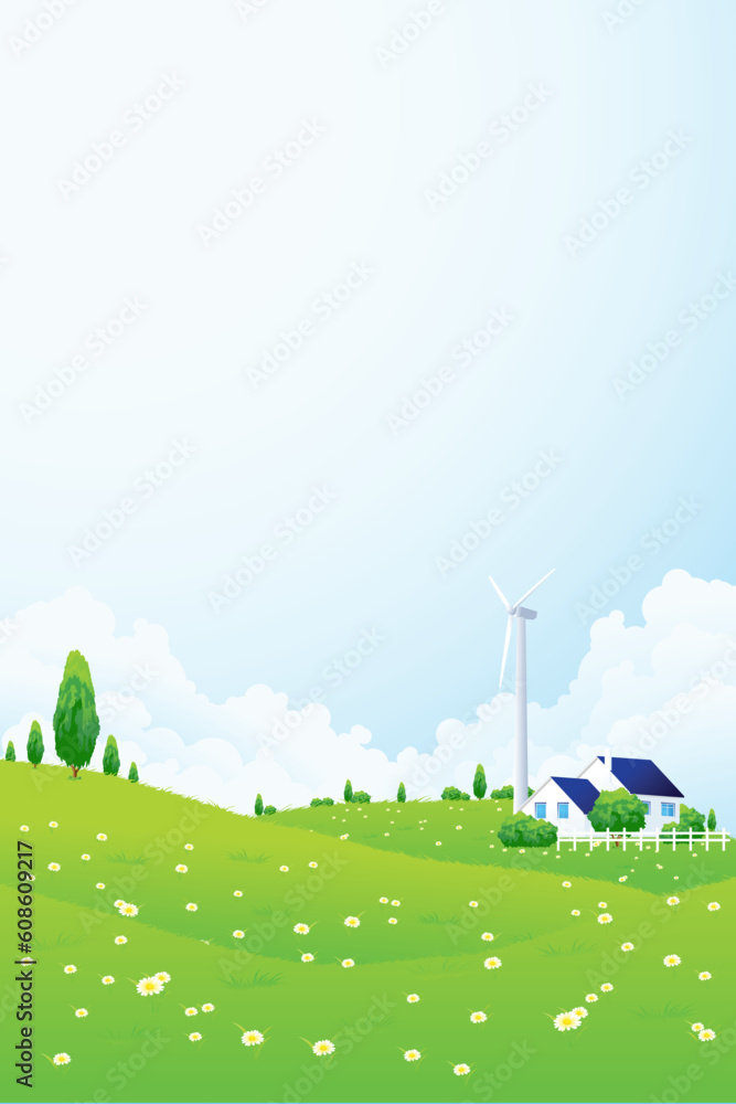 Canvas Prints Green Vector Landscape with flowers house clouds grass and wind power station