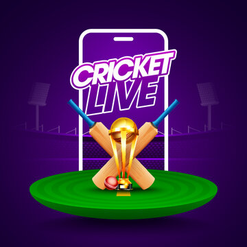 Cricket Live Concpet header or banner with winning trophy, Bat, Ball and stumps on stadium background.