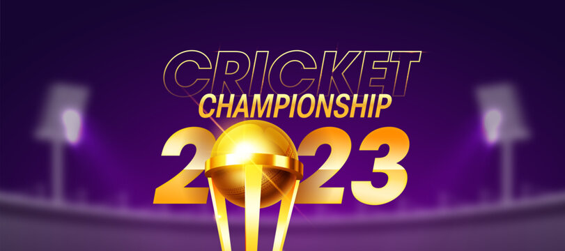 World Cricket Championship 2023 concept header or banner with  winning trophy on stadium background.