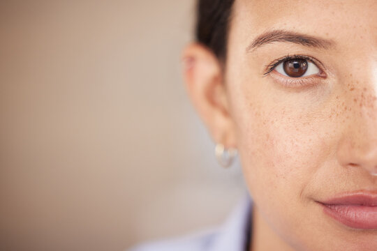 Closeup, Portrait And Woman With Mockup, Eye And Freckles With Goals, Vision And Clear Vision. Face, Female Person And Model With Eye Care, Split In Half And Confident With Skincare, Idea And Facial