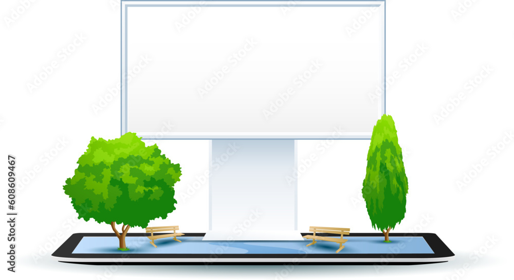 Poster empty billboard with trees and benches on tablet computer