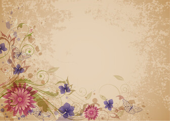 Retro vector floral background with butterflies