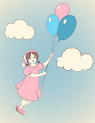 vector background with girl flying on balloons