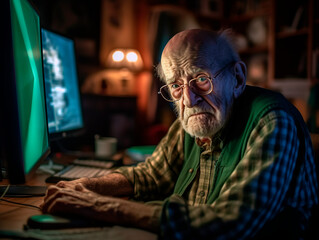 A tired, broken, resigned and worried old man sits in front of a computer. AI-generated - obrazy, fototapety, plakaty