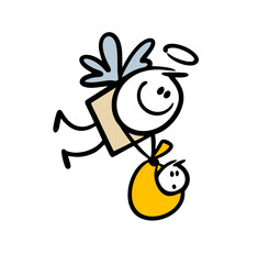 Cute stick figure angel with wings and hola flying in the sky and carring package with newbornbaby. © Eka Panova