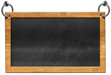 Old blank blackboard with wooden rectangular frame and steel rings for hanging. Isolated on white or transparent background and copy space, template. Png.