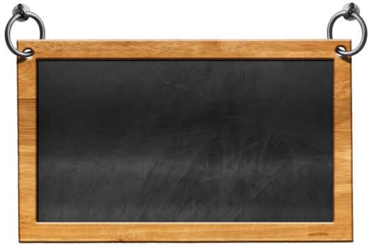Old blank blackboard with wooden rectangular frame and steel rings for hanging. Isolated on white or transparent background and copy space, template. Png.