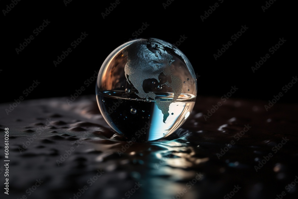 Poster a globe made of glass that is placed on top of a table generative ai