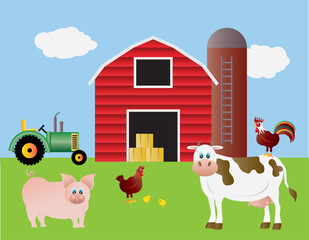 Obraz na płótnie Canvas Farm with Red Barn Tractor Pig Cow Chicken Farm Animals Illustration
