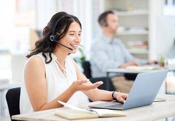 Woman, callcenter and laptop with phone call and smile, happy conversation with communication and...