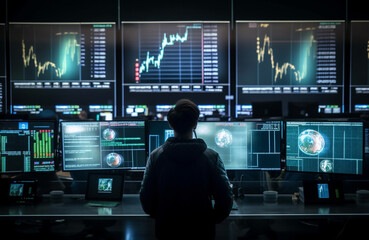 Embracing the Blockchain Future: Modern Trader Strategically Navigating the Volatile Landscape of Cryptocurrency Markets across Multiple Screens, Redefining Finance in the Digital Age