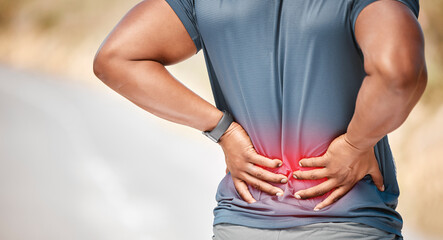 Fitness, back pain and injury with a sports man outdoor in nature for cardio or endurance running....