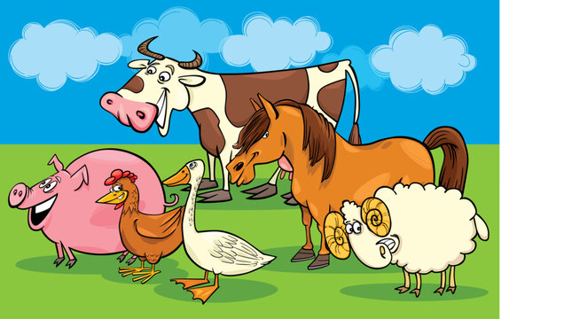 Cartoon illustration of funny farm animals group