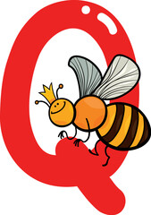 cartoon illustration of Q letter for queen bee