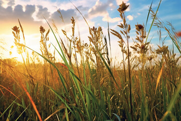 Fototapeta premium A field of tall grass in the sunshine. AI generative