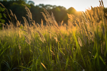 Fototapeta premium A field of tall grass in the sunshine. AI generative
