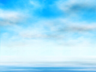 Naklejka na ściany i meble Editable vector illustration of clouds in a blue sky over water made using a gradient mesh