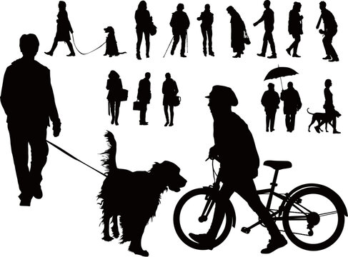 Over ten black vector silhouettes. People walking with dogs, alone and with bicycle. Spring casual clothes.