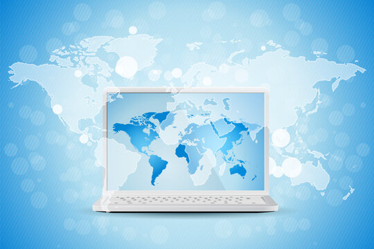 Blue Business Background with World Map and Modern Laptop