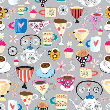 seamless pattern of cups and mugs on a gray background with flowers